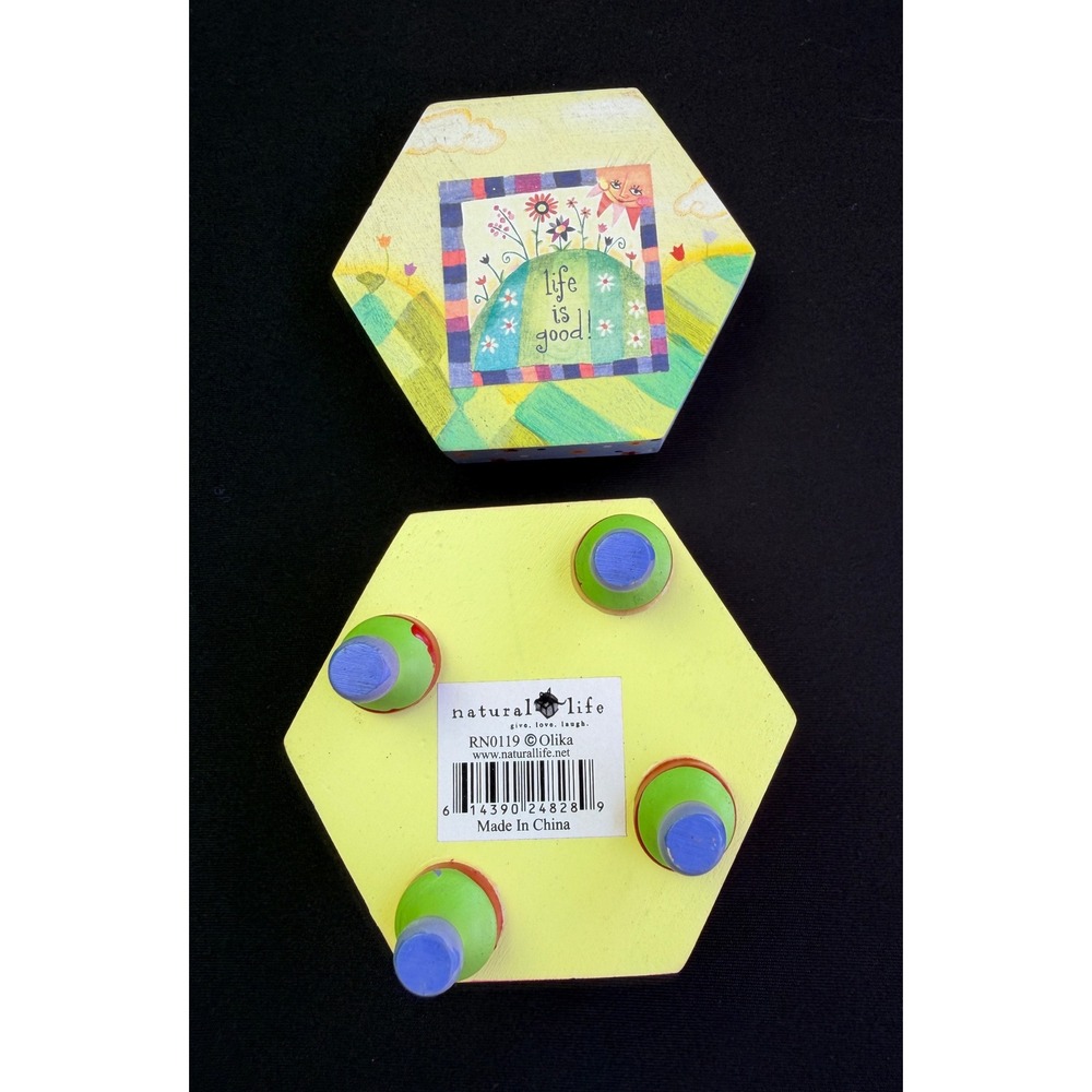 Natural Life is Good Wood Trinket Box Hexagon Yellow Floral Whimsical Decor - Picture 5 of 13